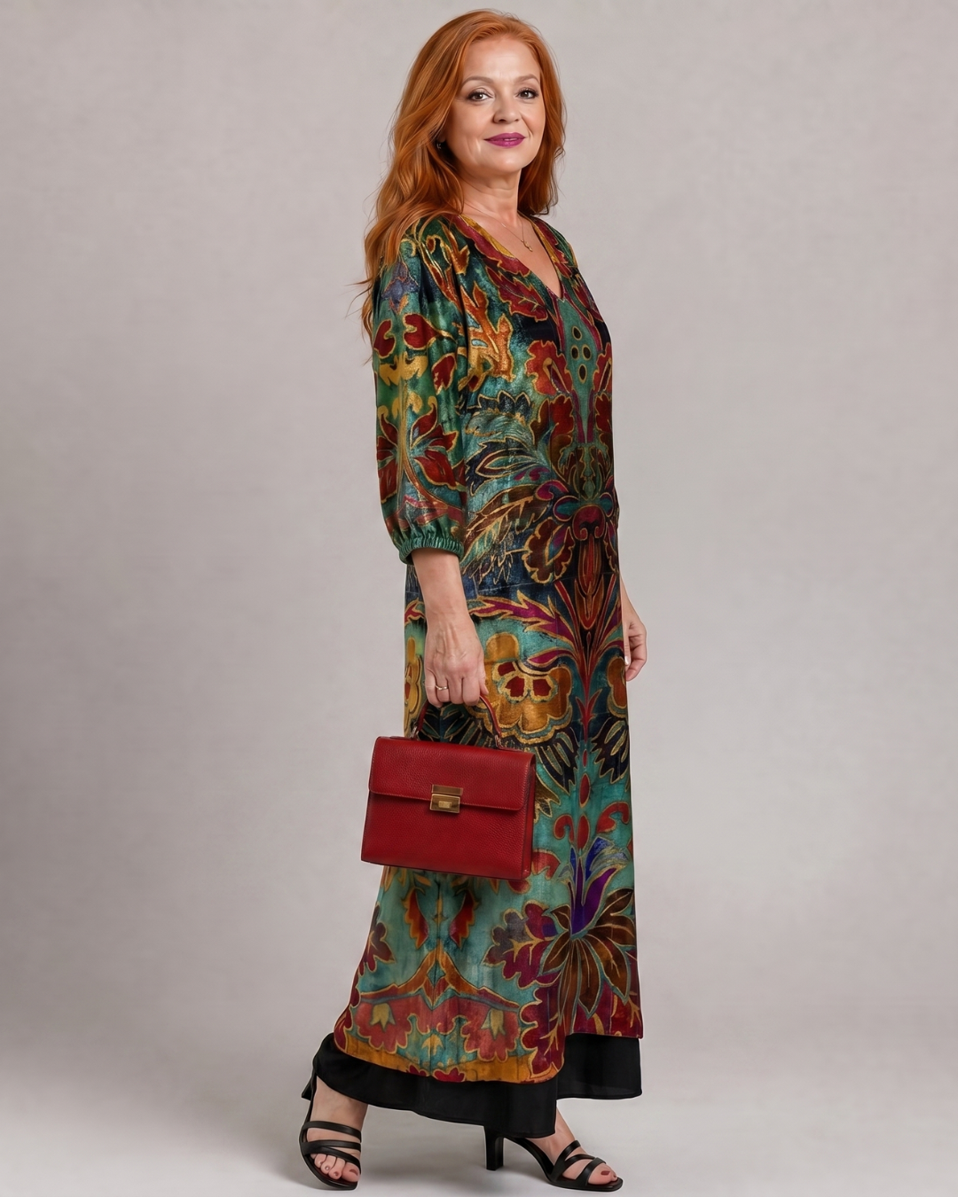 Valmira | Ruimvallende midi-jurk met sierlijke bohemian print