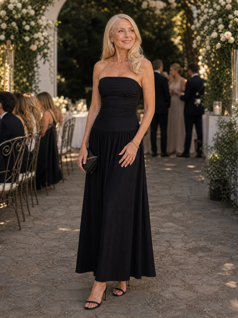 Zelene | Strapless midi-jurk met geplooid lijfje