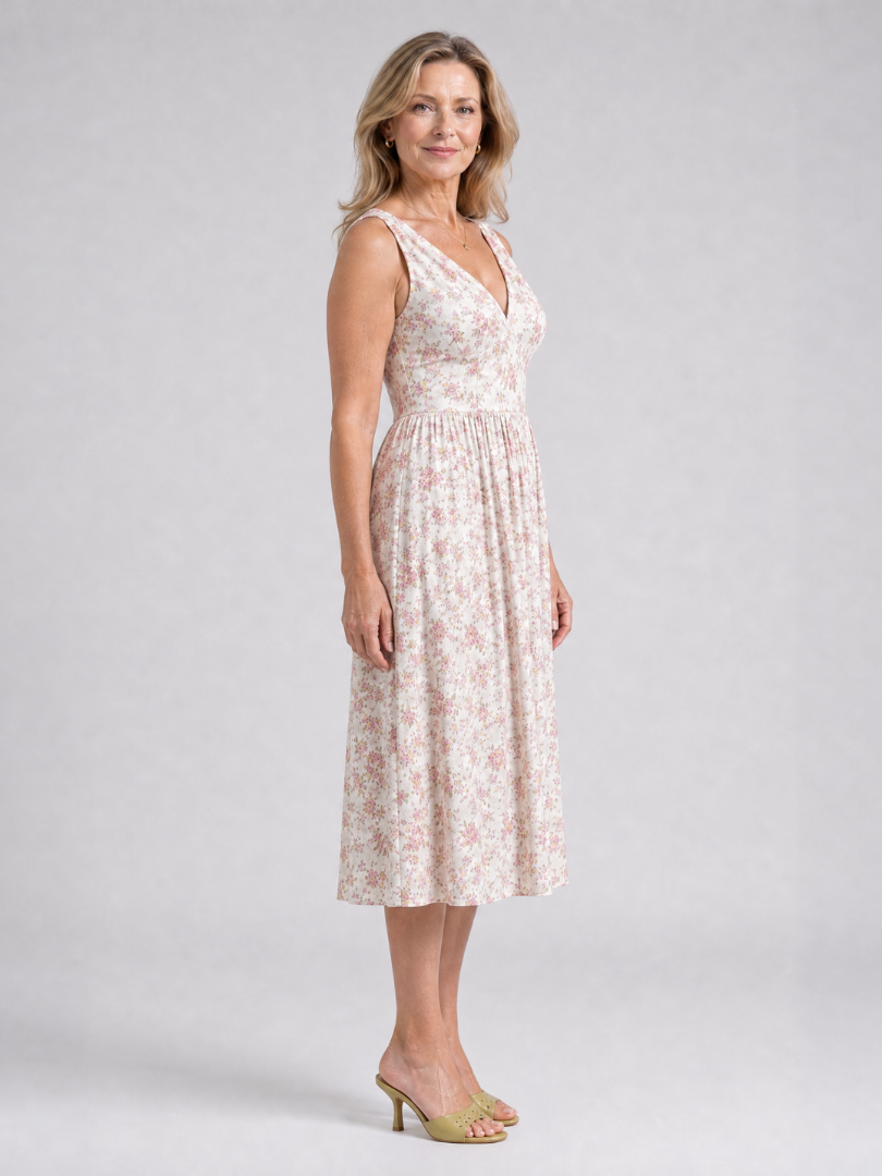 Elique | Mouwloze midi-jurk met bloemenprint en V-hals