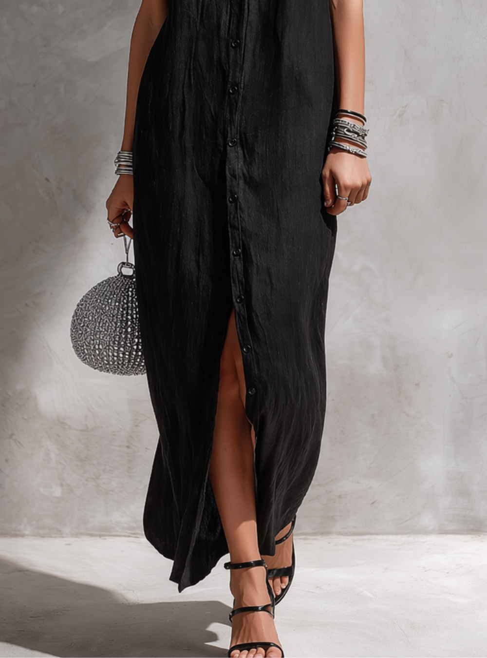 Minimalistische Mouwloze Knop-Jurk met Split
