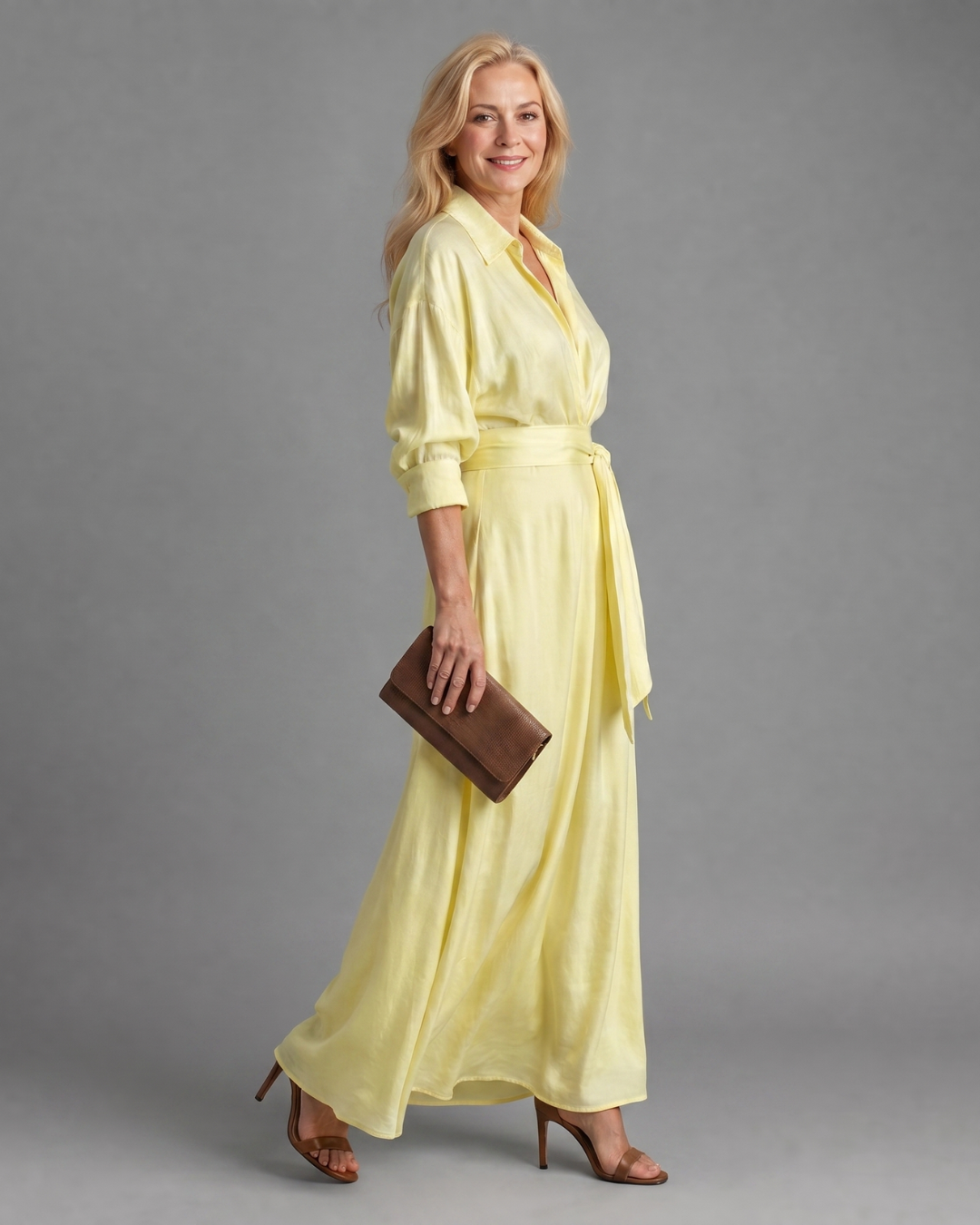 Zelith | Soepele midi-jurk met kraag, lange mouw en ceintuur