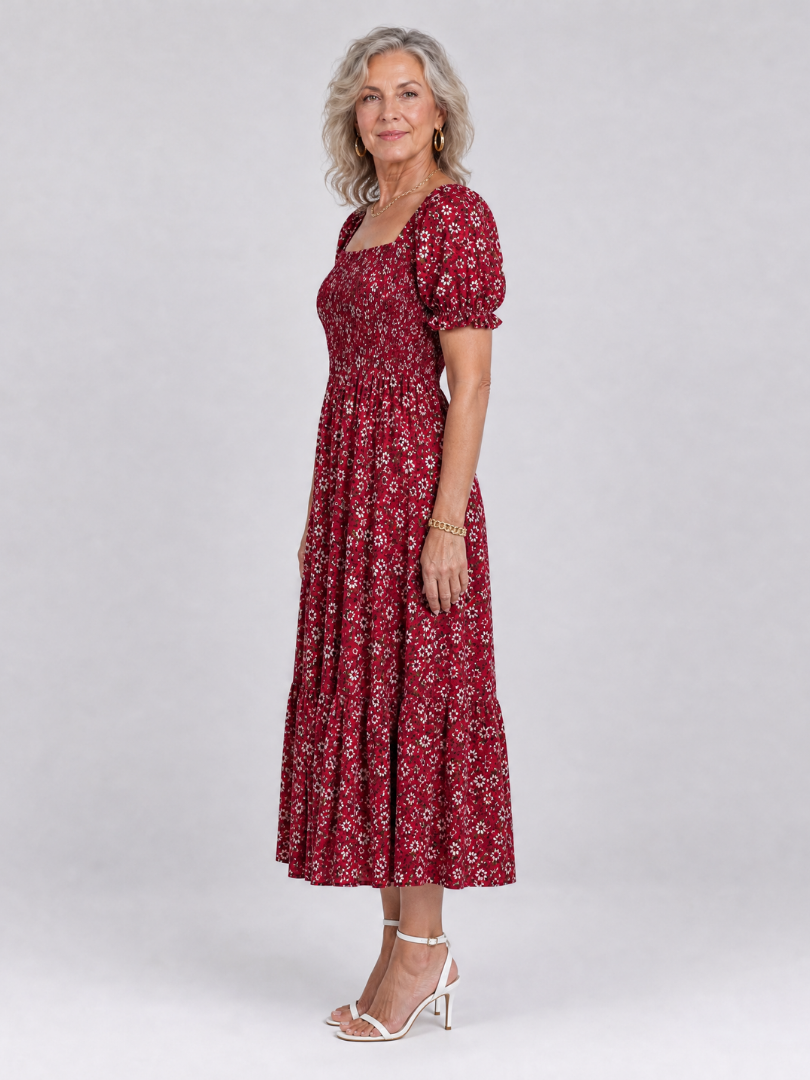 Louse | Midi-jurk met bloemenprint, smock en vierkante hals