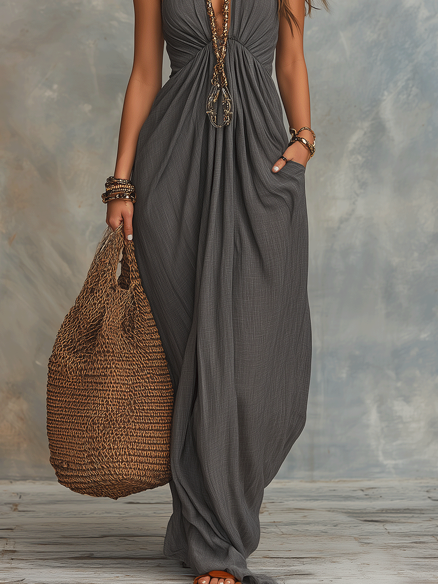 Verfijnde Boheemse Drapé Halter Maxi Jurk