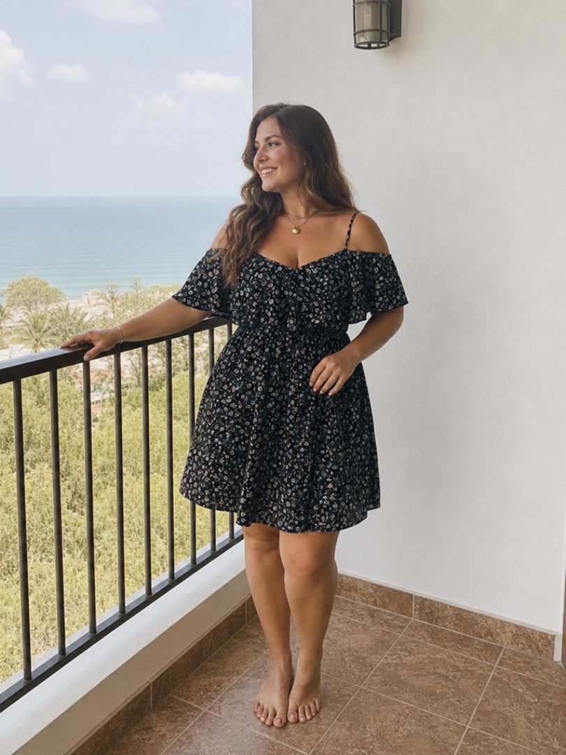 Novom | Knielange jurk met cold shoulder en ruche overlay