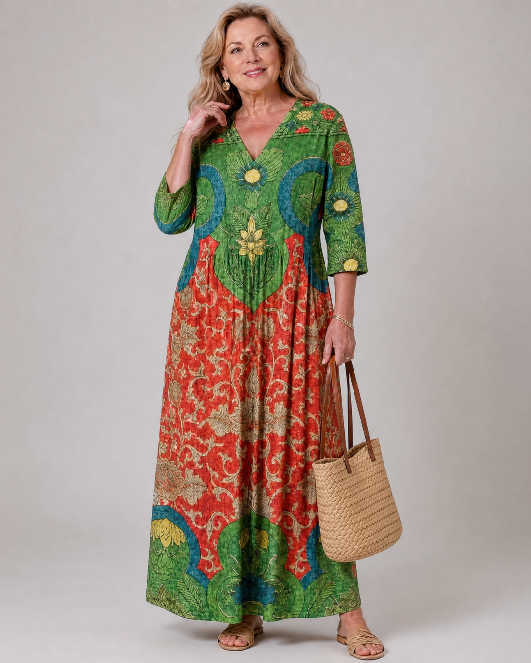 Zeloria | Soepele midi-jurk met abstracte vintage print en driekwartmouw