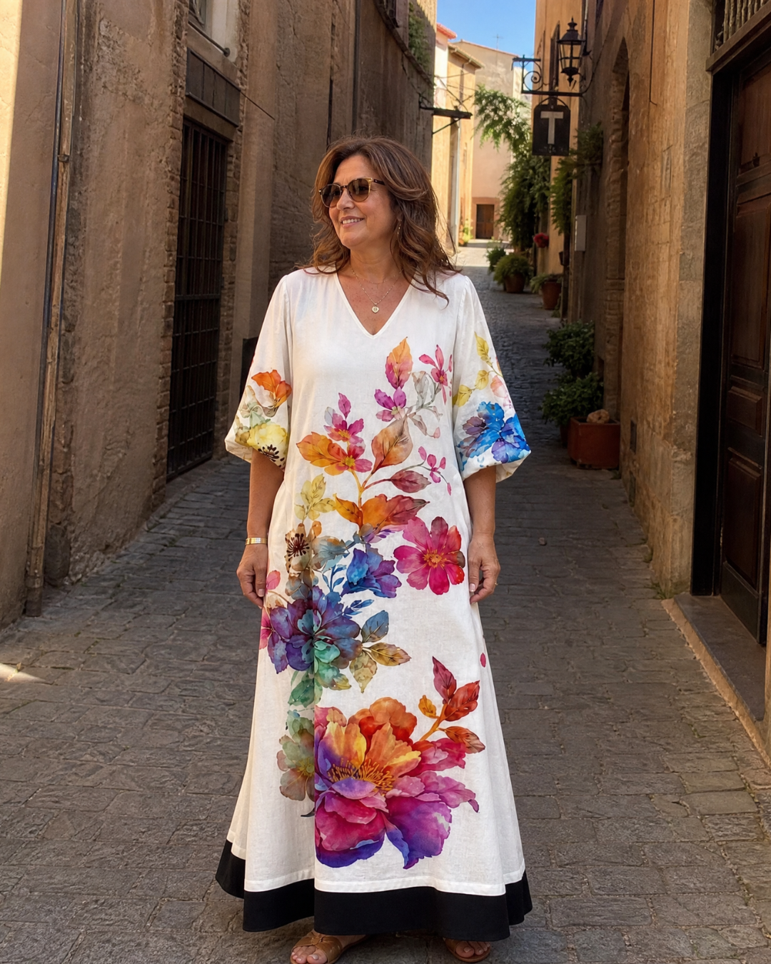 Florienne | Vloeiende midi-jurk met aquarel bloemenprint