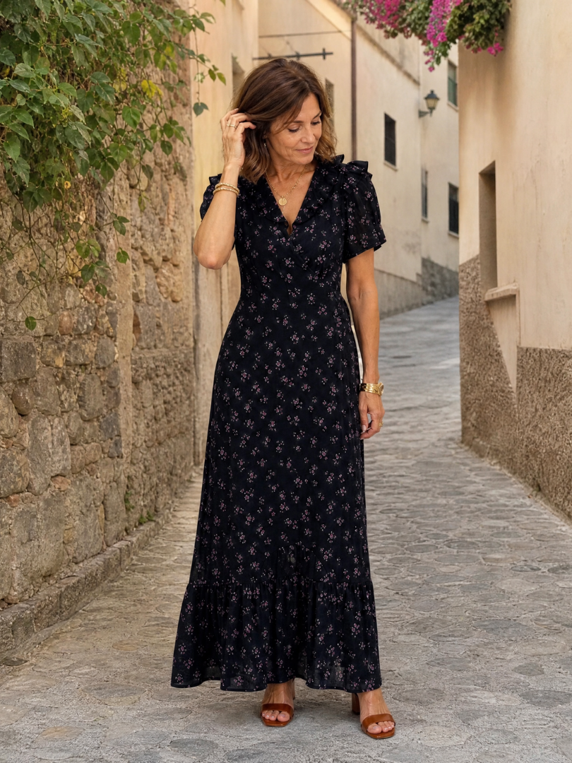 Semifal | Midi-jurk met bloemenprint, pofmouwen en ruches