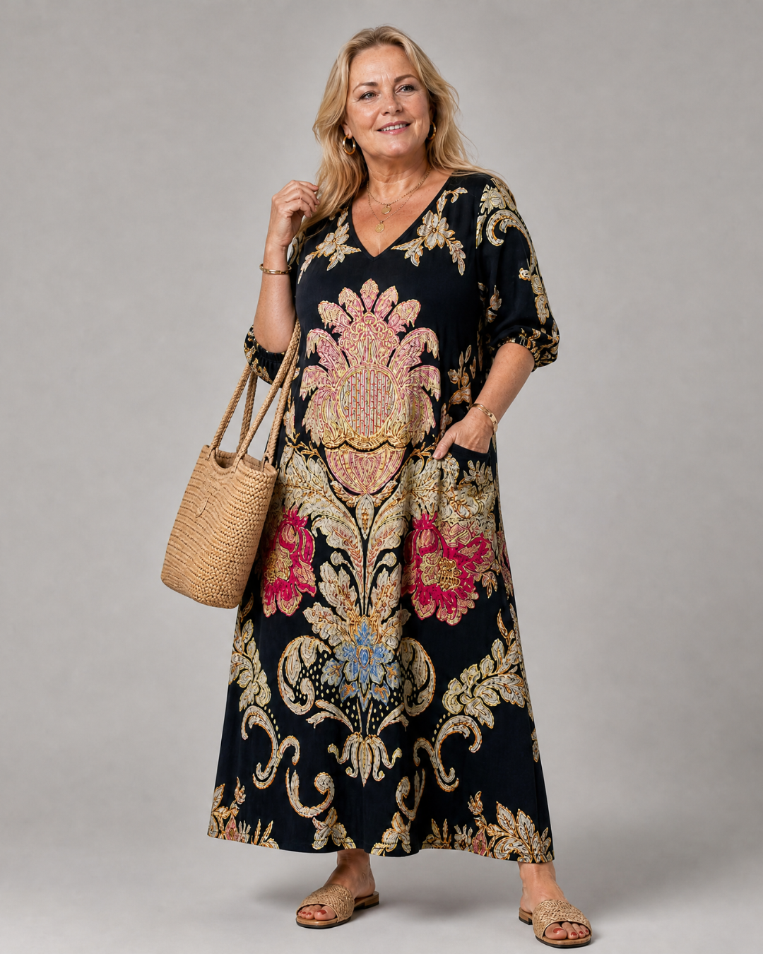 Evarose | Midi-jurk met sierlijke vintage print en driekwartmouw