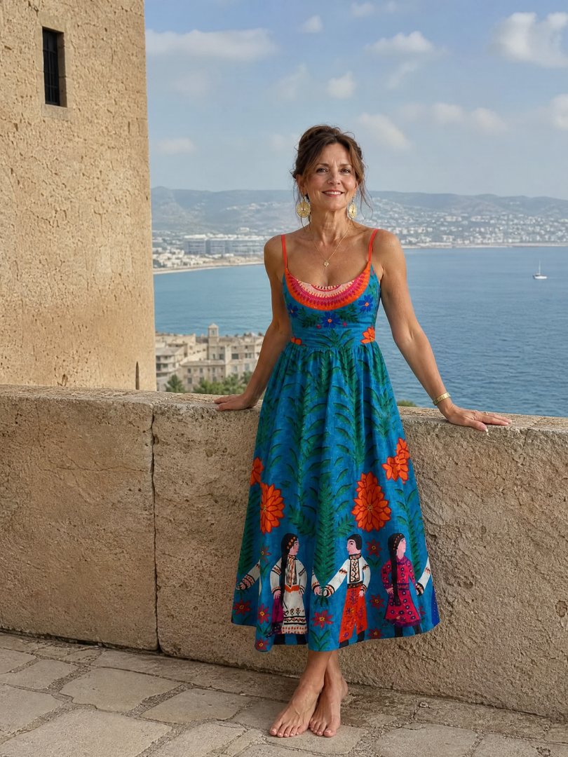 Xylienne | Mouwloze midi-jurk met folkloreprint