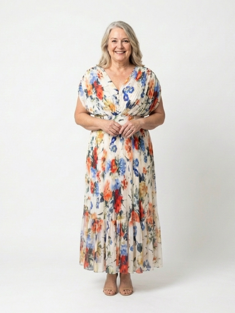 Savannah | Geplooide midi-jurk met korte mouwen