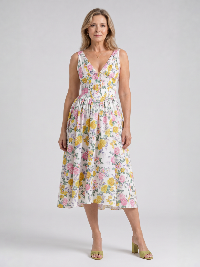 Elique | Mouwloze midi-jurk met bloemenprint en V-hals
