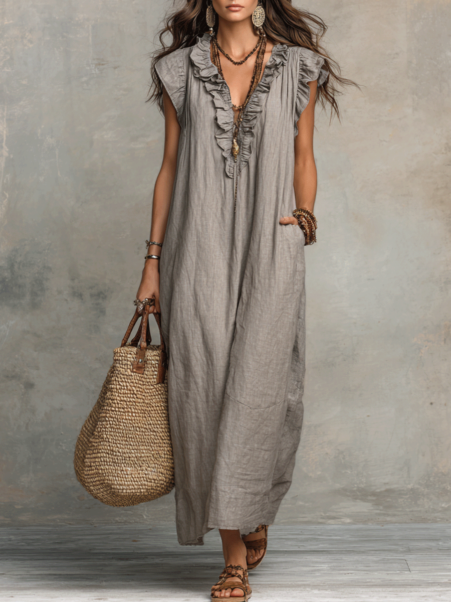 Bohemian Mouwloze Rimpel V-Hals Vloeiende Maxi Jurk