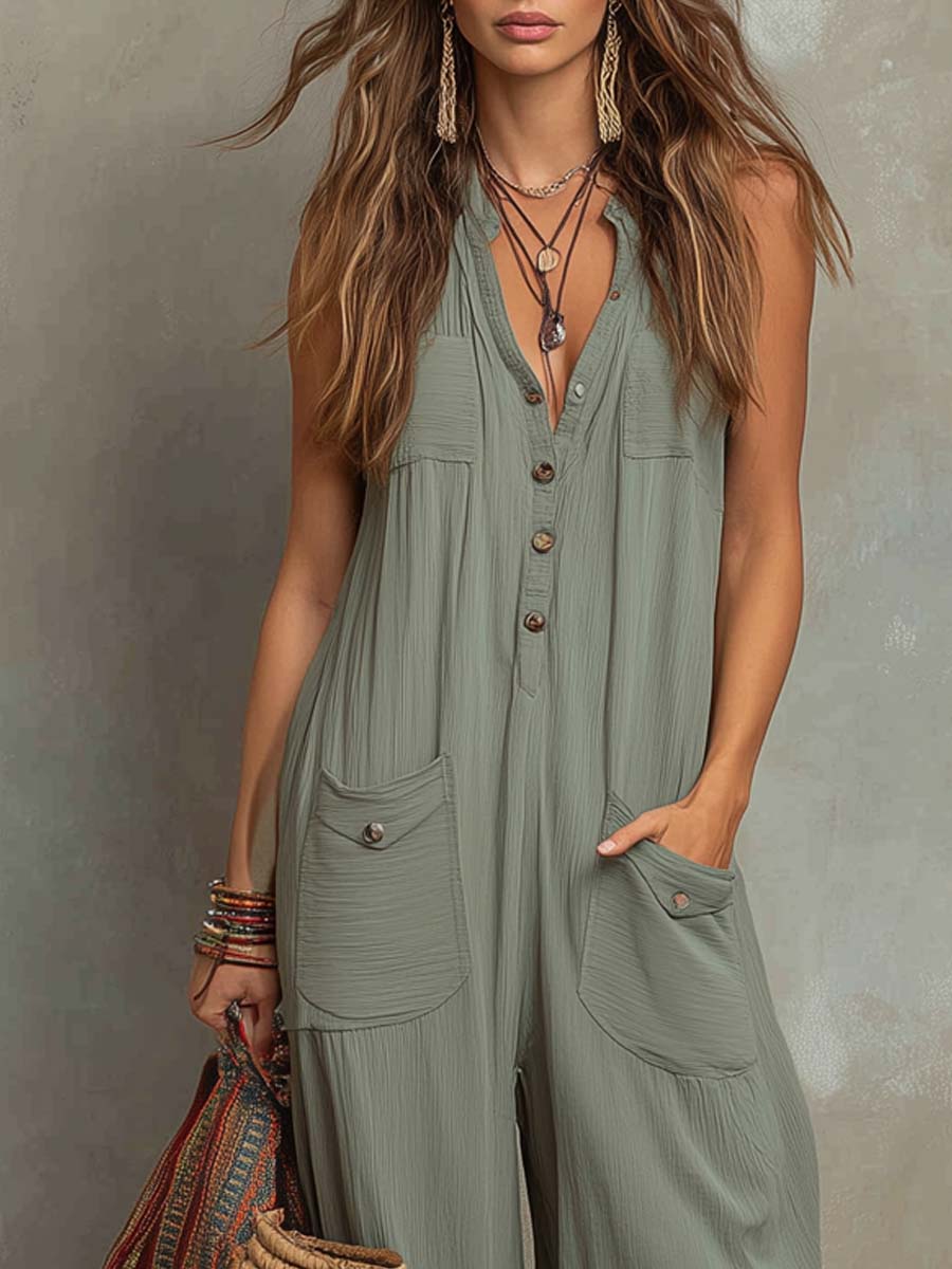 Jumpsuit met retro textuur en opgestikte zakken