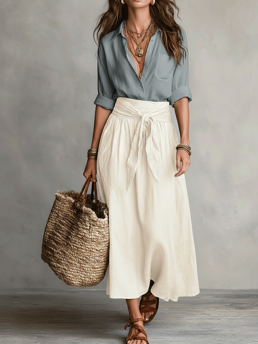 Moeiteloze Boho Zwarte Blouse & Olijf Midi Rok Set