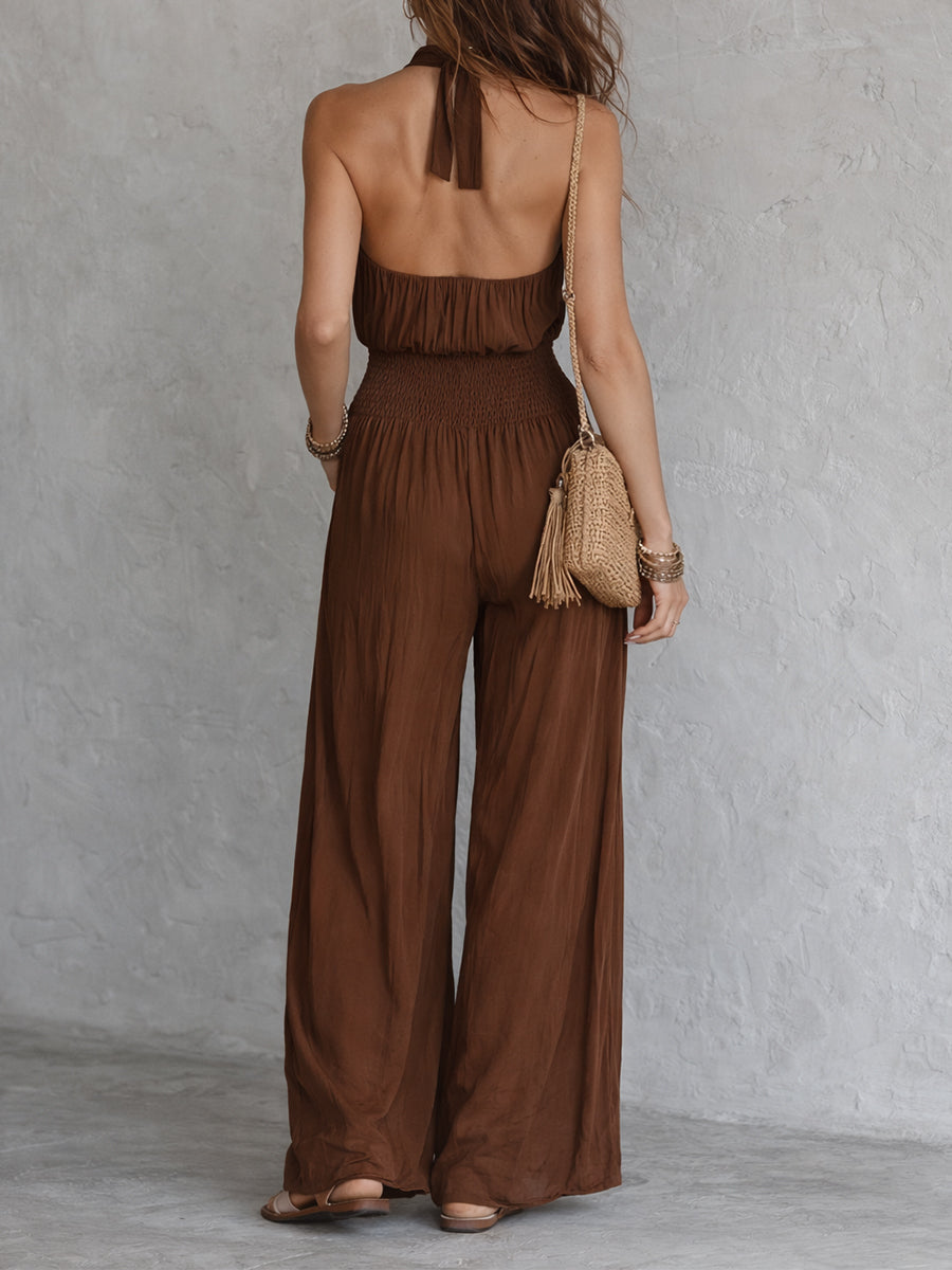 Boho Halter Nek Mouwloze Wijde Pijpen Jumpsuit