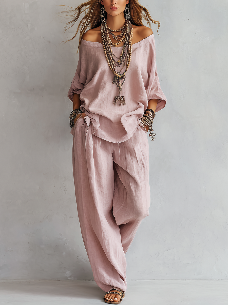 Casual Lichtroze Wijde Pantalon Set