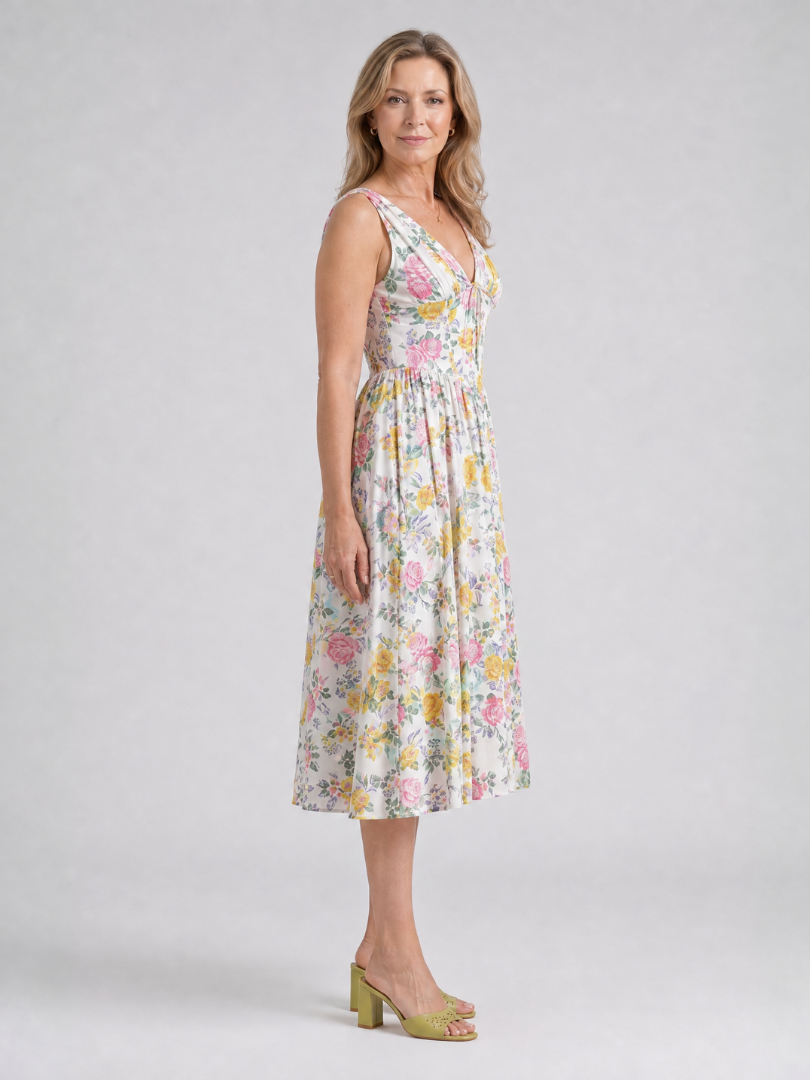 Elique | Mouwloze midi-jurk met bloemenprint en V-hals
