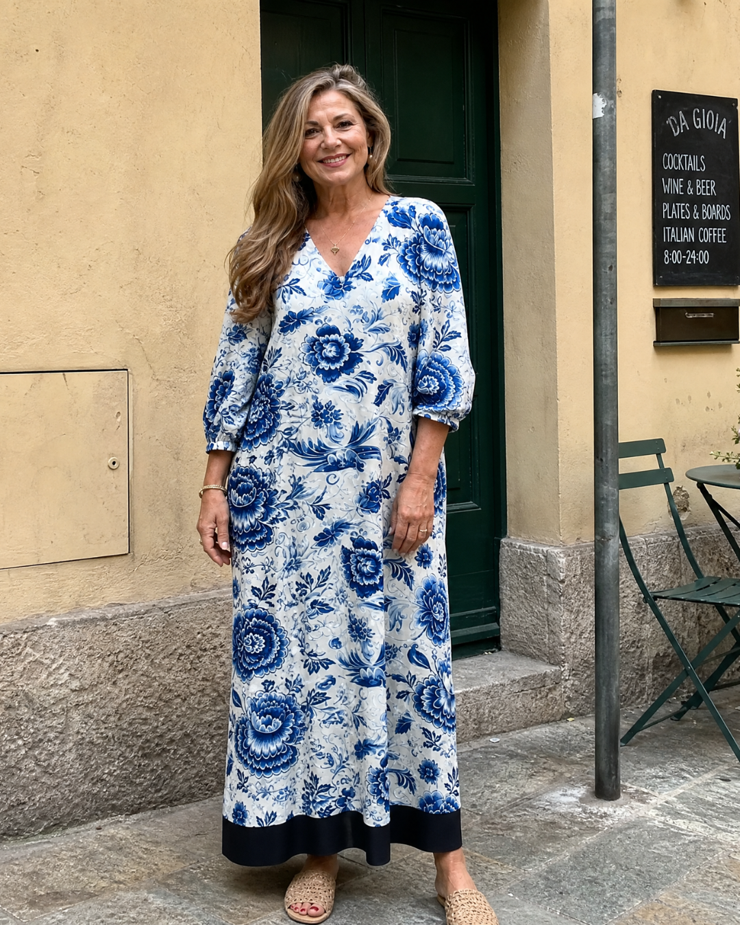 Celope | Midi-jurk met porseleinblauwe bloemenprint en zakdetail