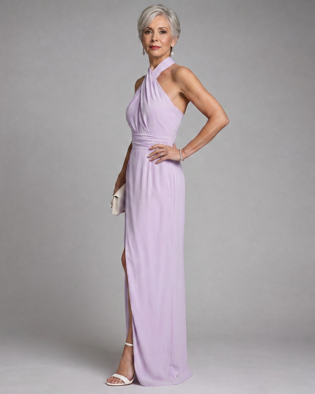 Vaelora | Gedrapeerde midi-jurk met gekruiste halter en split