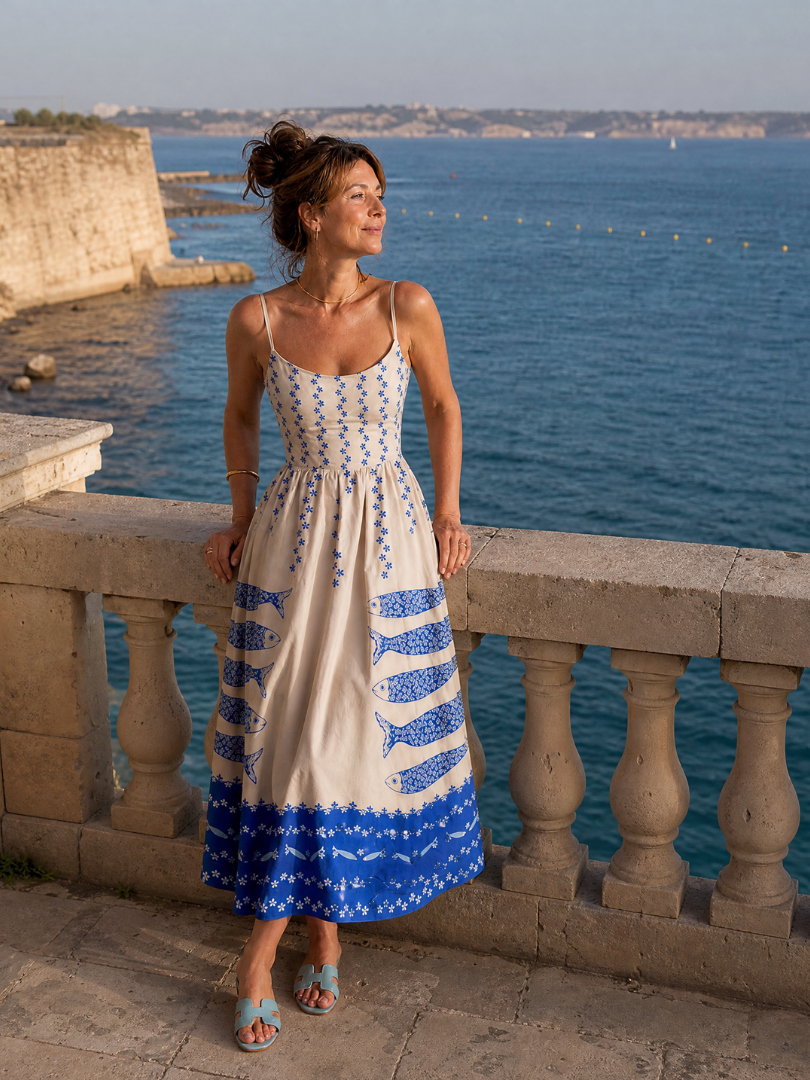 Mukara | Mouwloze midi-jurk met visprint