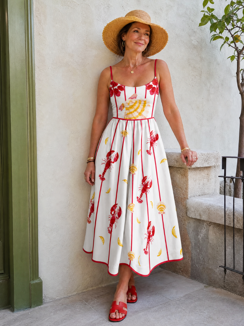 Coriselle | Midi-jurk met kreeft- en schelpenprint