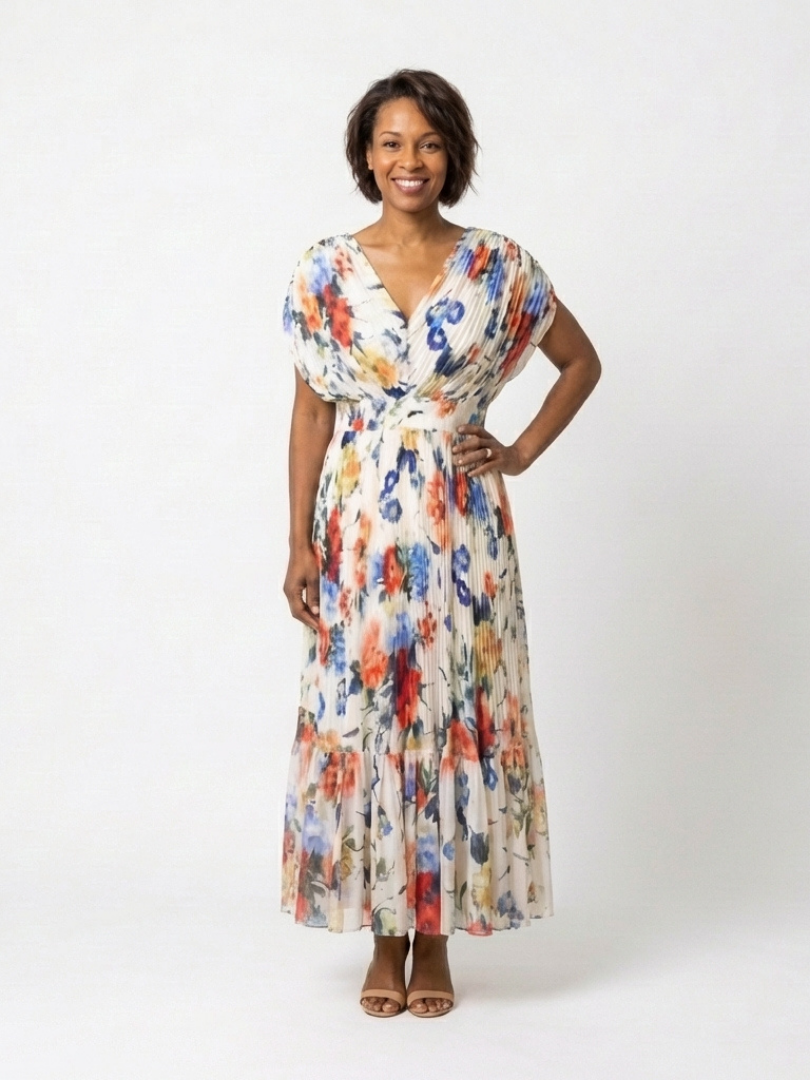 Savannah | Geplooide midi-jurk met korte mouwen