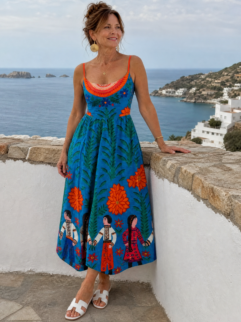 Xylienne | Mouwloze midi-jurk met folkloreprint
