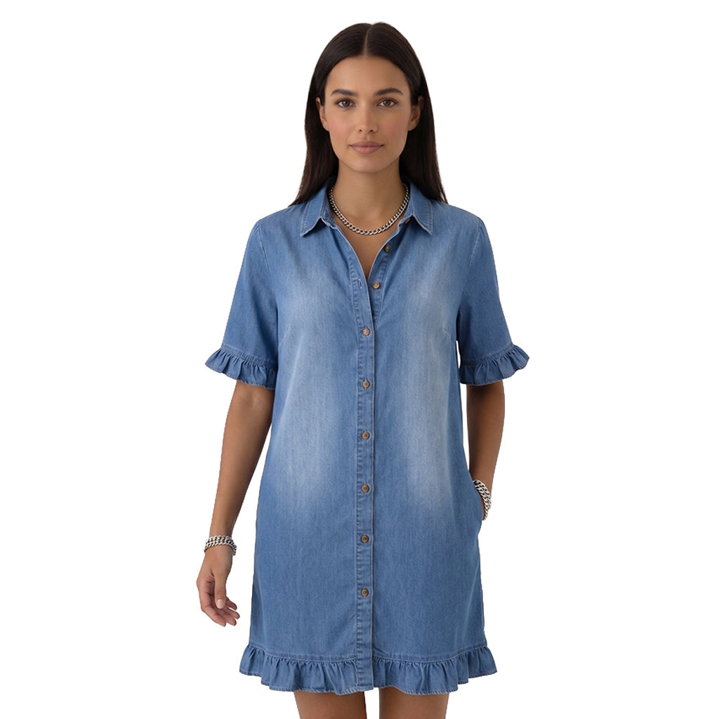 Midi-jurk met ruches en knoopsluiting