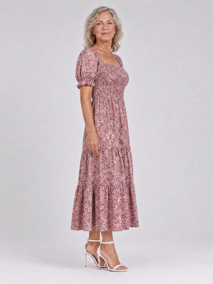 Louse | Midi-jurk met bloemenprint, smock en vierkante hals