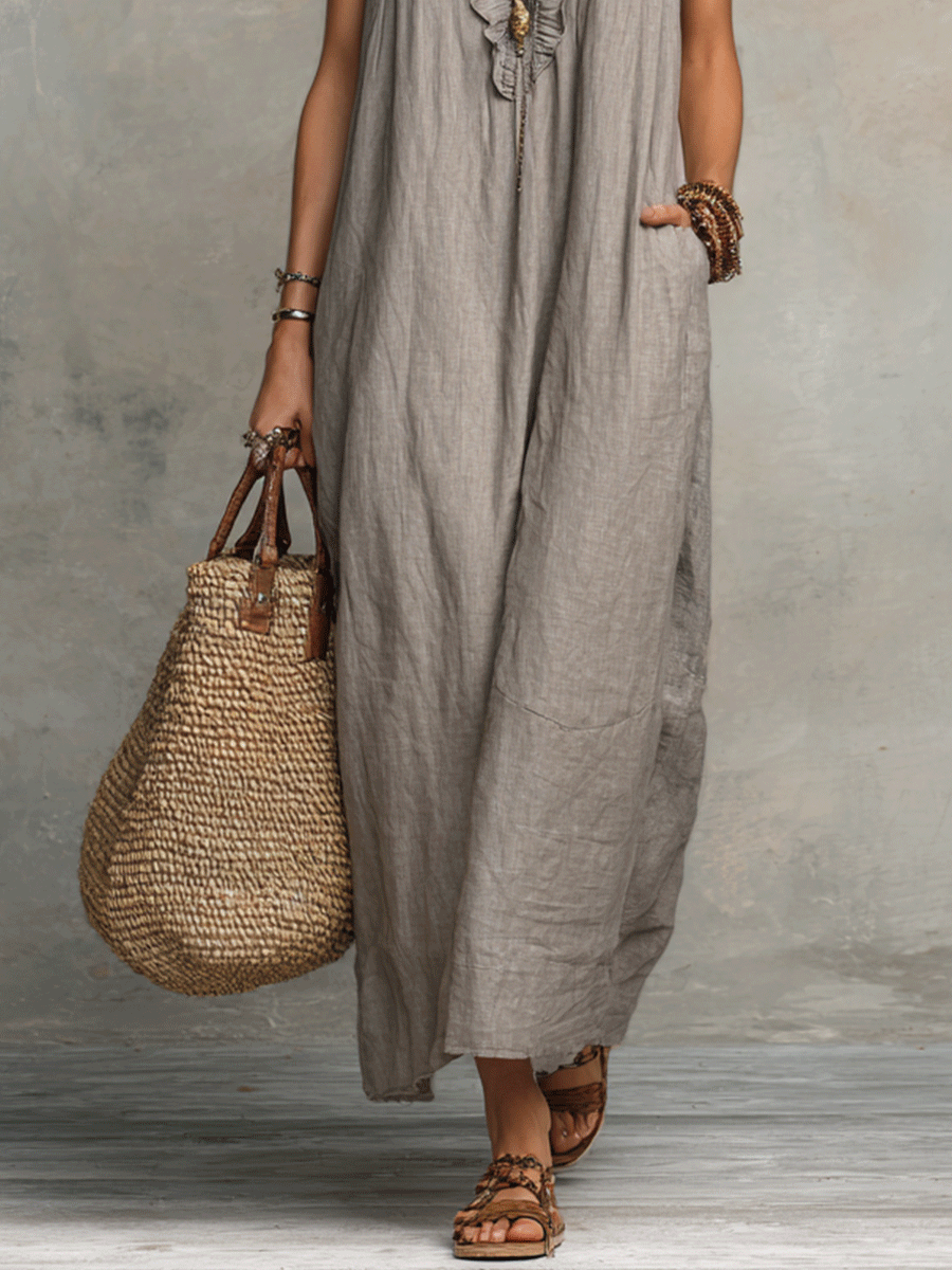 Bohemian Mouwloze Rimpel V-Hals Vloeiende Maxi Jurk