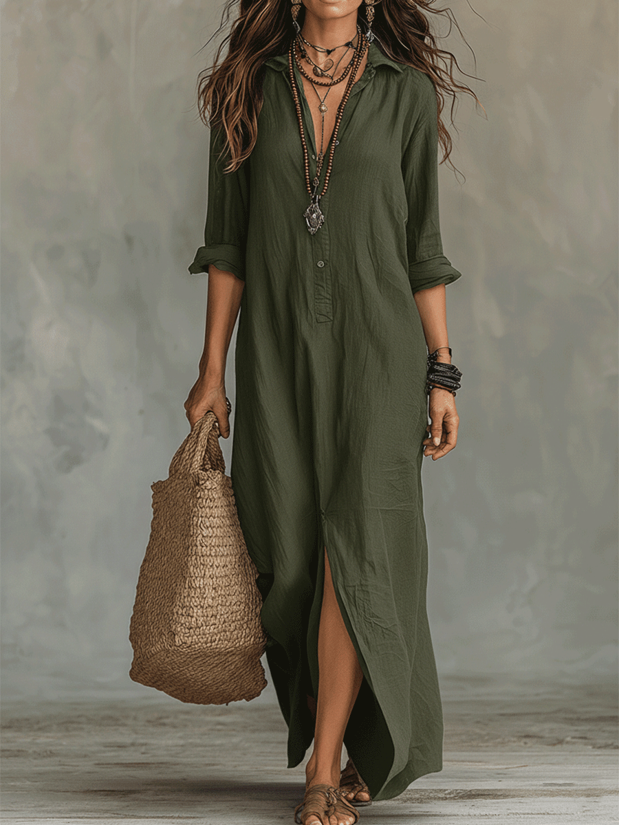 Zwart Knopen-Voorkant Bohemian Shirt Maxi Jurk
