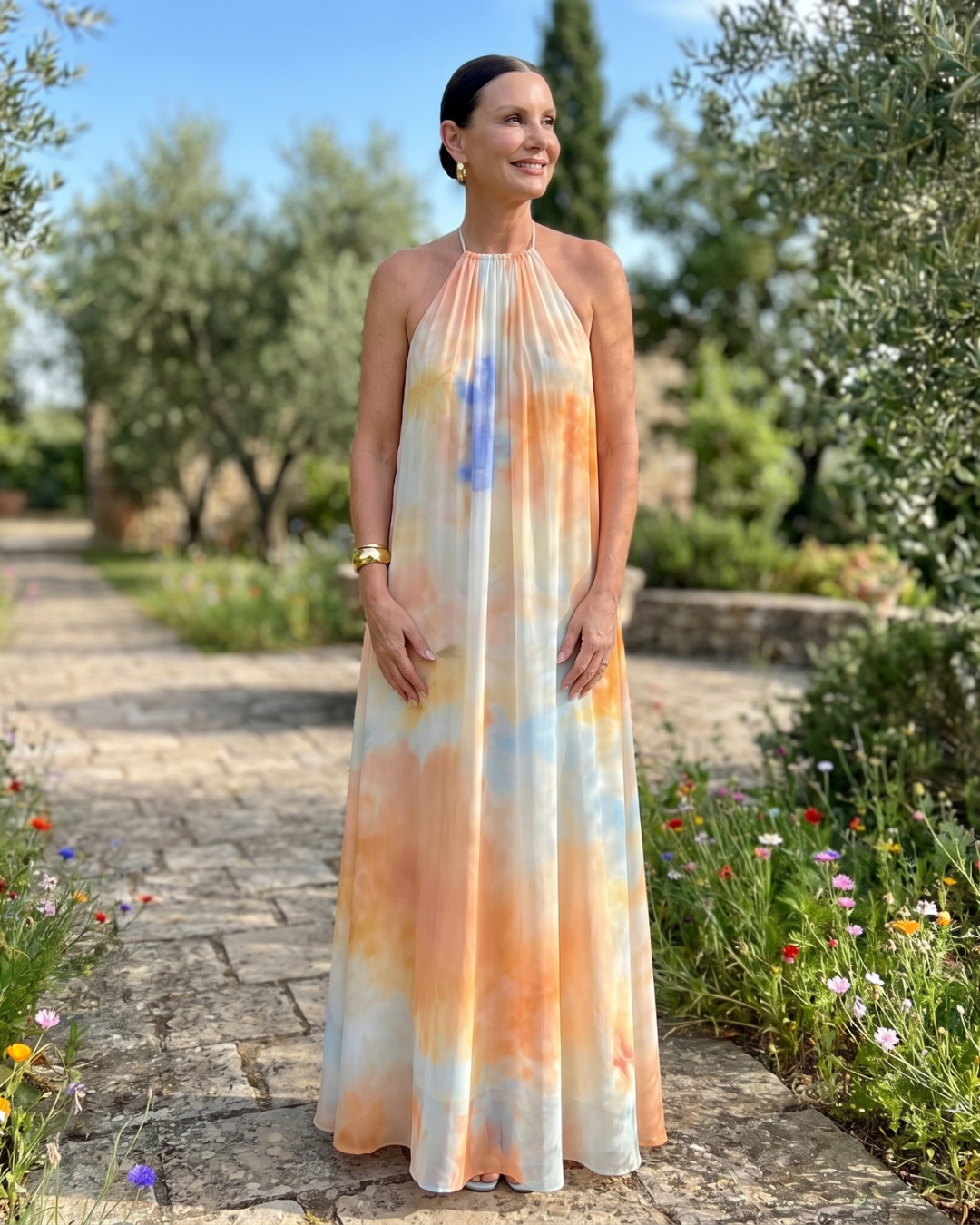 Eloque | Halter maxi-jurk met aquareleffect