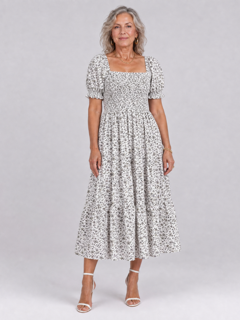 Louse | Midi-jurk met bloemenprint, smock en vierkante hals