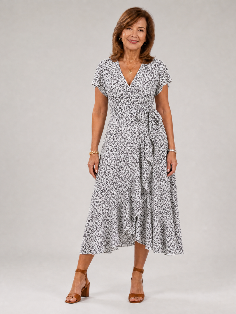 Samore | Midi-jurk met bloemenprint, overslag en ruches