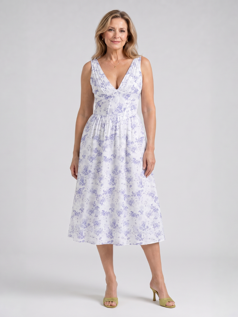 Elique | Mouwloze midi-jurk met bloemenprint en V-hals
