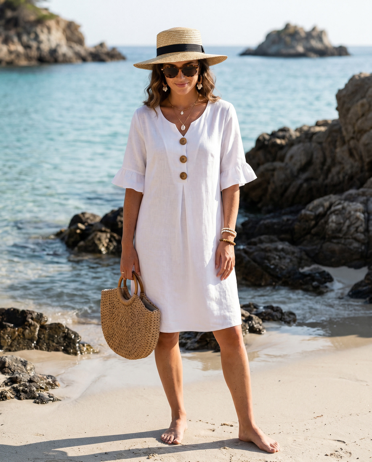 Midi-jurk met V-hals en knoopdetail