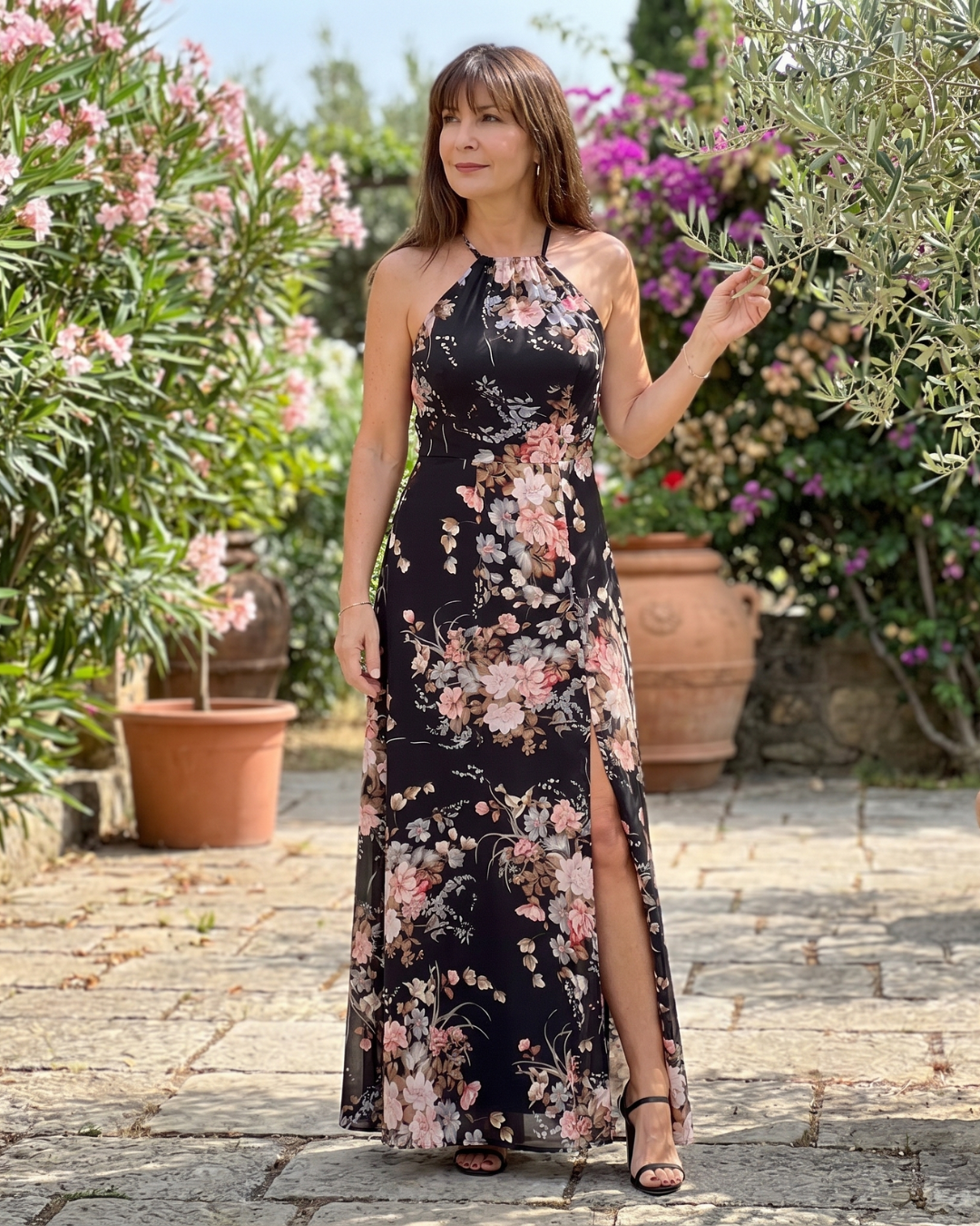 Loliane | Halter midi-jurk met split en bloemenprint