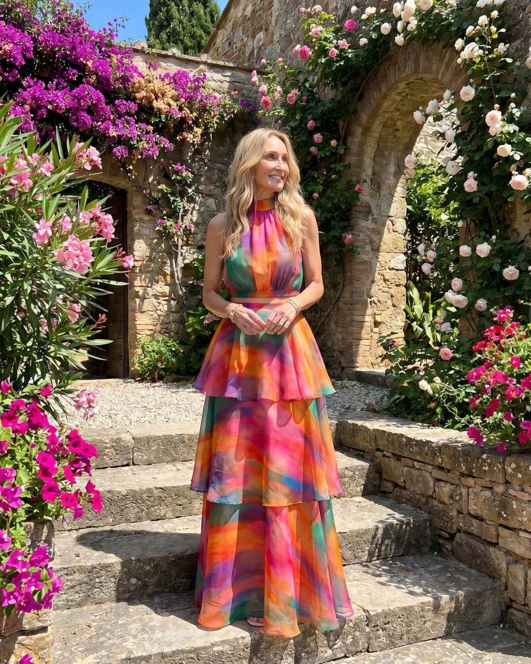 Mique | Halter maxi-jurk met cut-out en laagjes