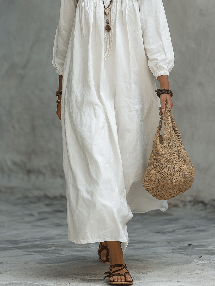 Bohemian Witte Maxi Jurk Met Bloemembroidery En Ballonmouwen