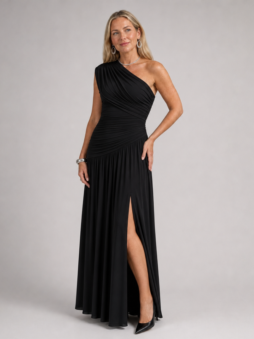Evadra | One-shoulder maxi-jurk met gedrapeerd lijfje