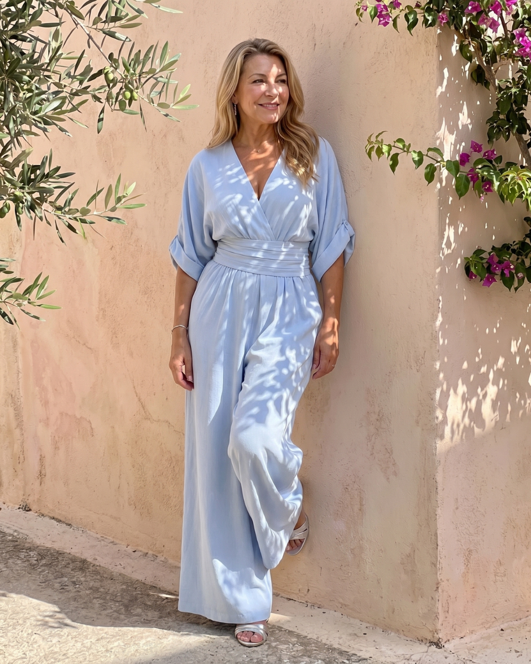Emene | Gedrapeerde jumpsuit met V-hals en wijde pijpen