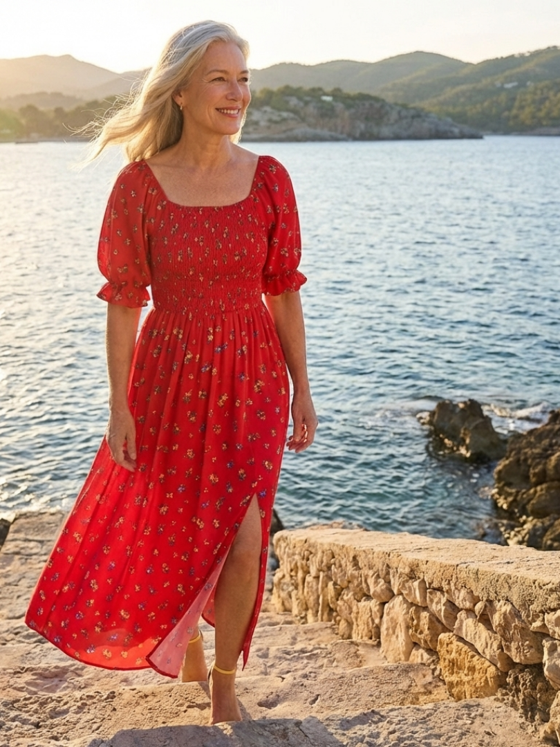 Delphine | Midi-jurk met vierkante hals en pofmouwen