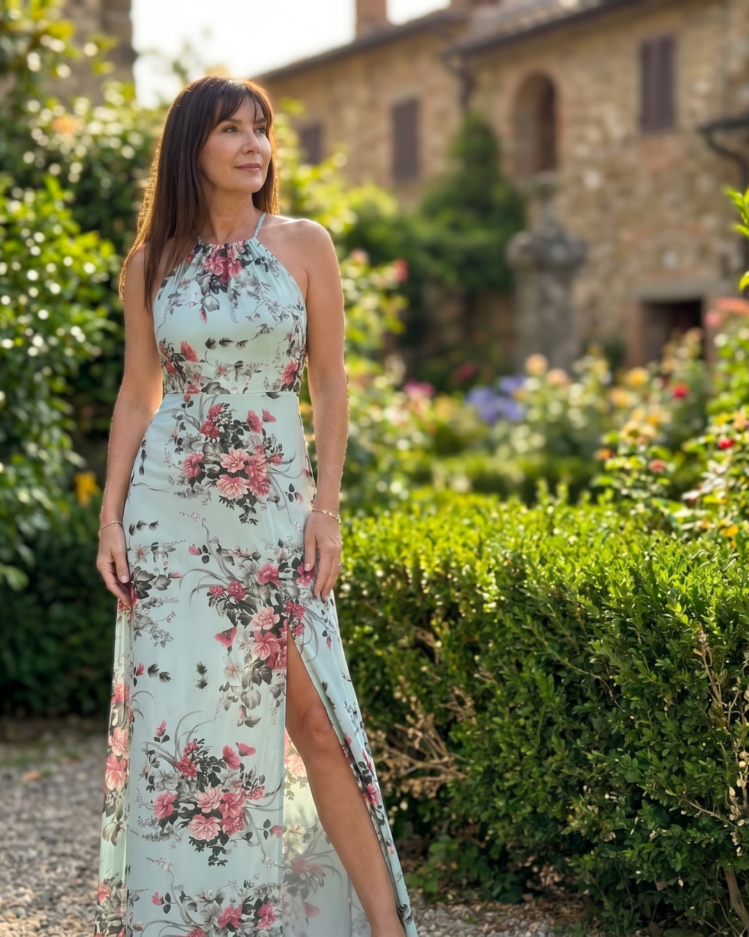 Loliane | Halter midi-jurk met split en bloemenprint