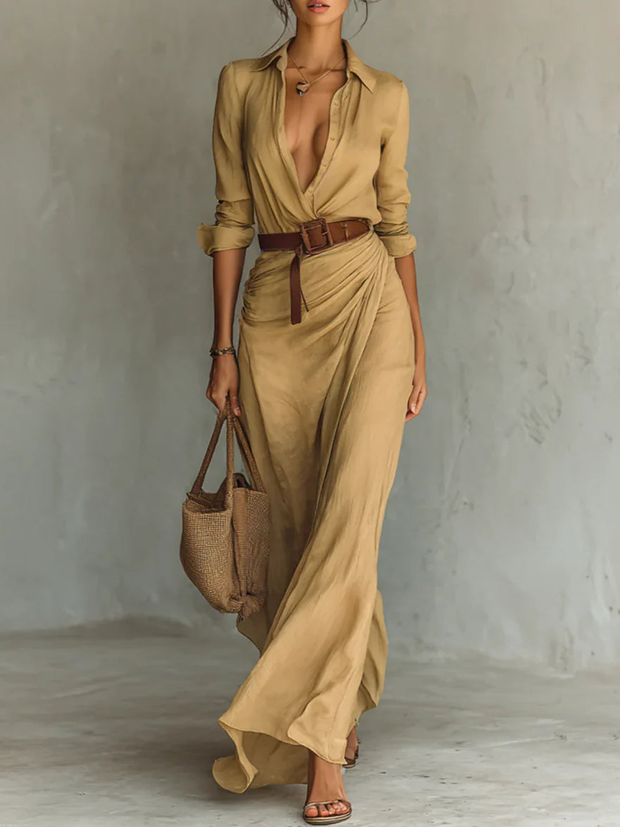 Camille™ | Maxi Jurk met Revers en Tailleceintuur