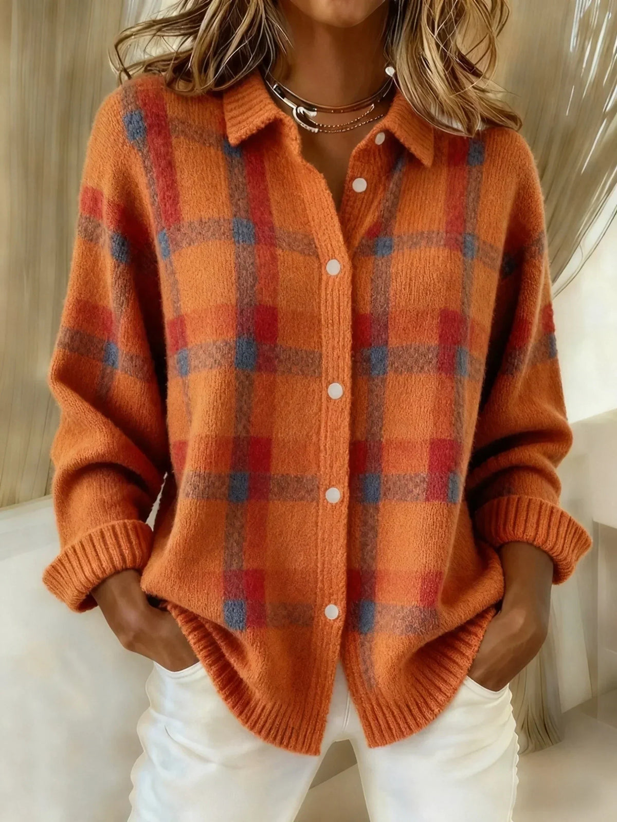 Victoria | Retro Geruit Casual Trui met Contrast