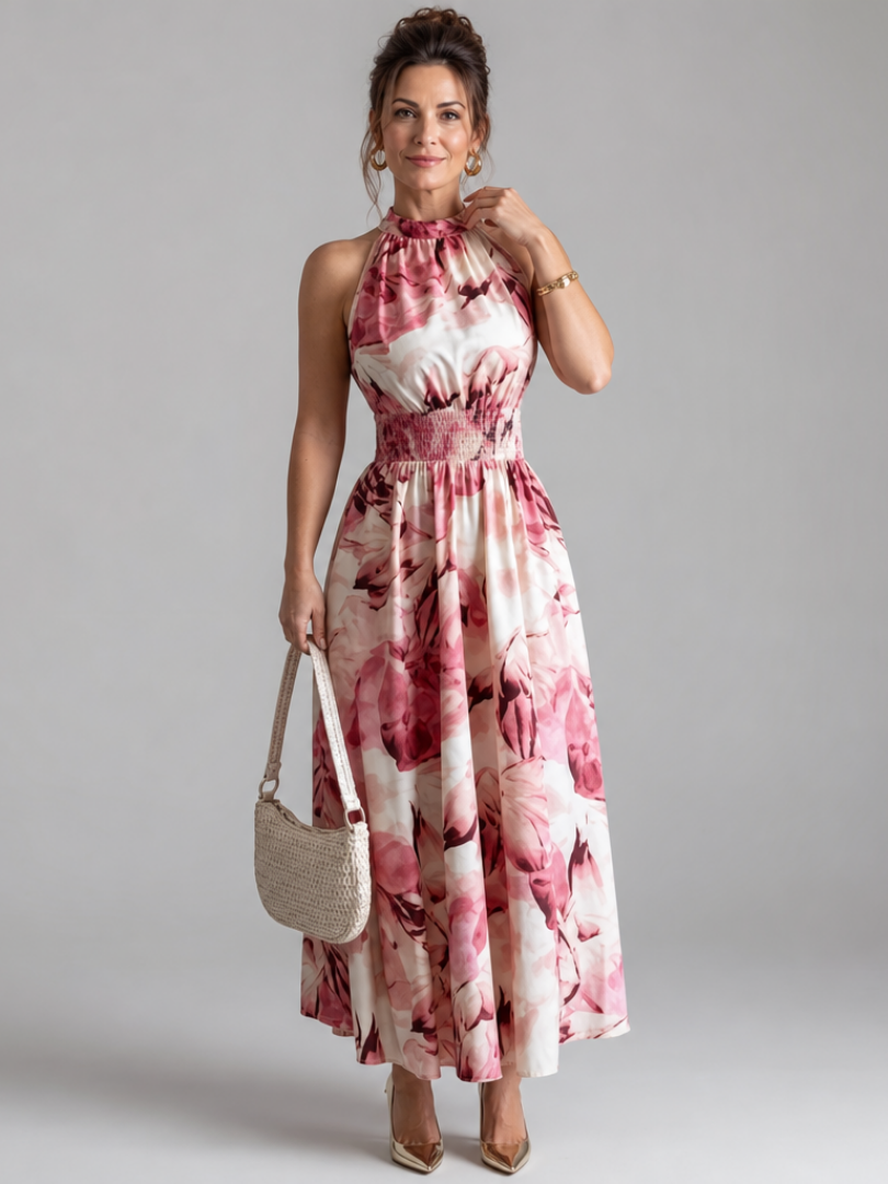 Olivia | Midi-jurk met abstracte print en gerimpelde taille