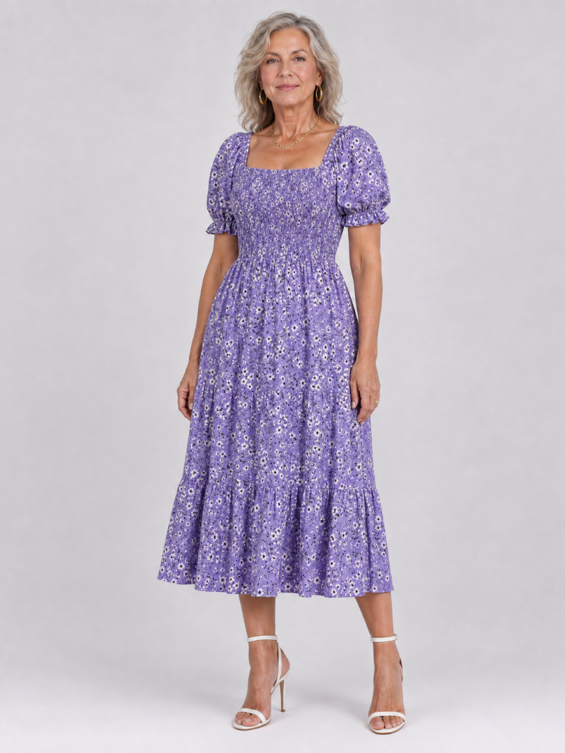 Louse | Midi-jurk met bloemenprint, smock en vierkante hals