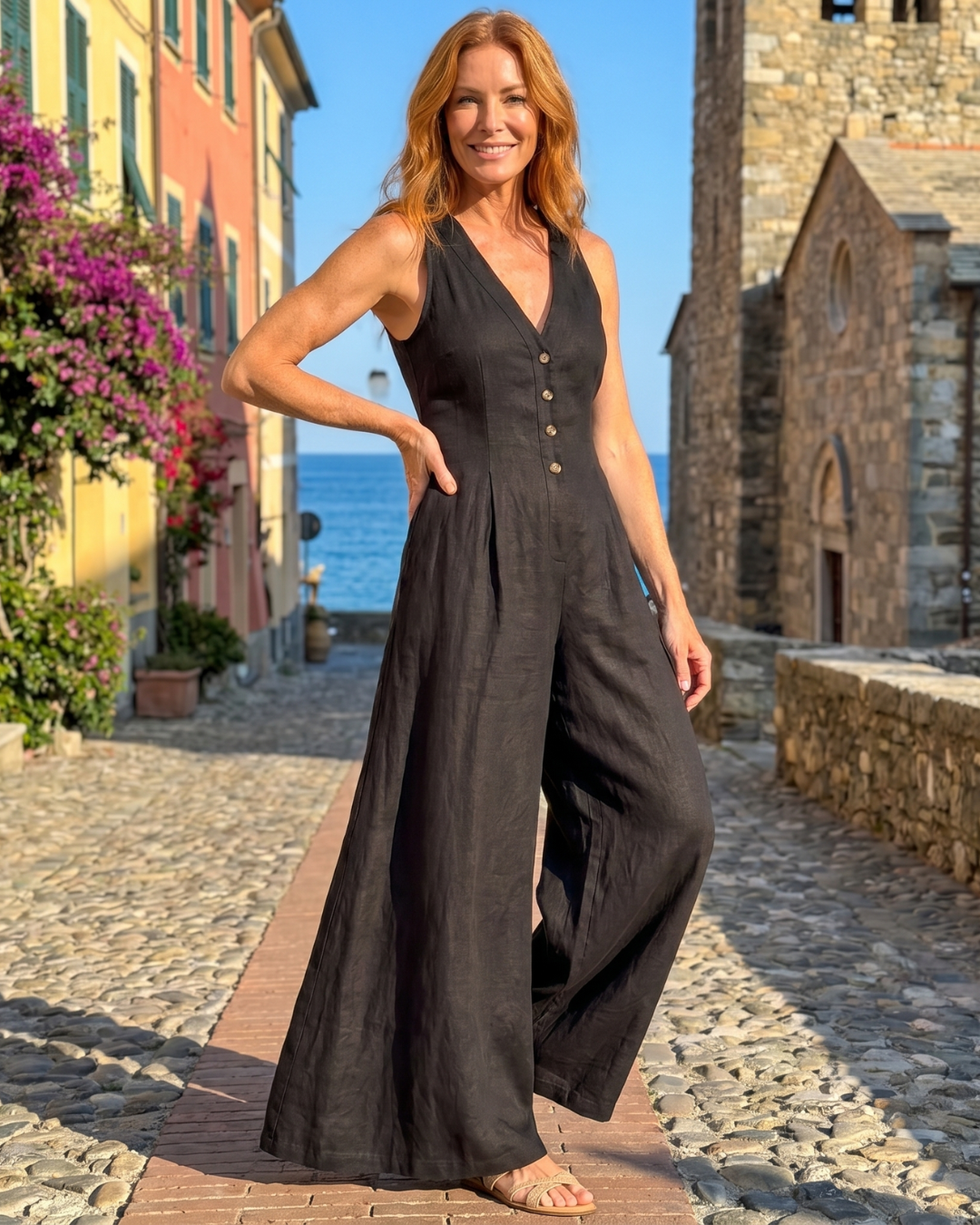 Lyssara | Mouwloze jumpsuit met knoopsluiting en wijde pijpen