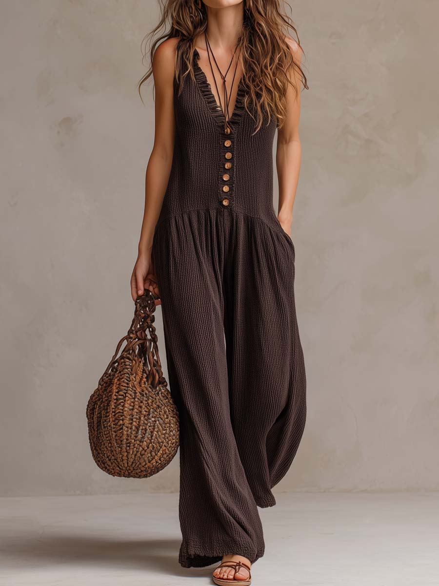 Retro Rimpel Hals Gebreide Jumpsuit