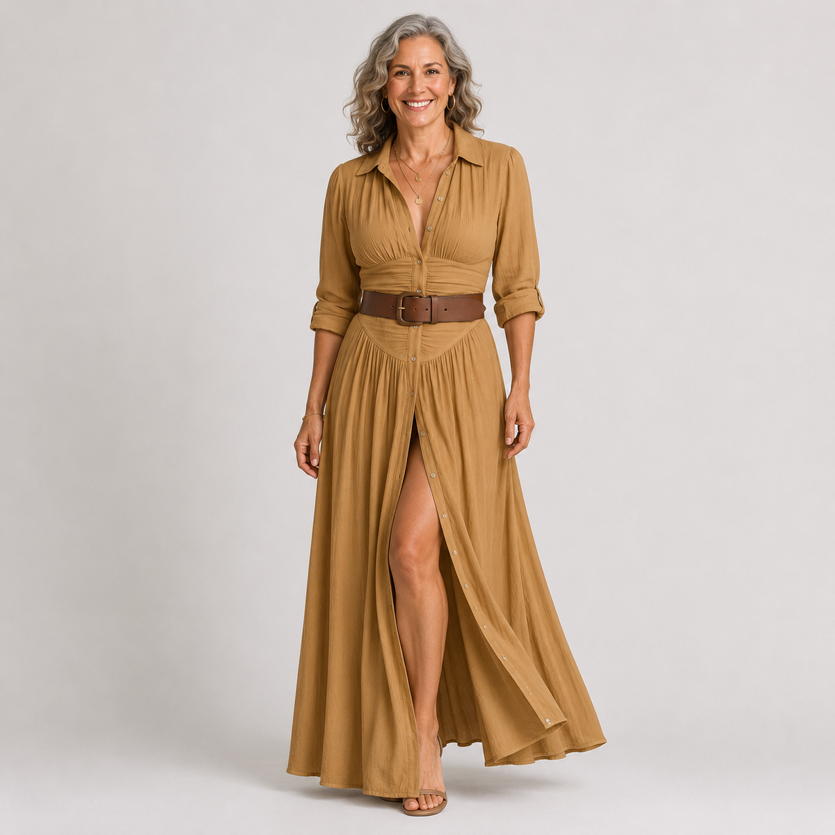 Lelivilia | Lange maxi-jurk met reverskraag